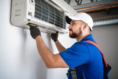 360_F_621046421_Vcay4nYa8ozdeodOQVDfES6MRrC6N3b8 Air conditioning technician servicing a wall-mounted AC unit in Colorado Springs, CO